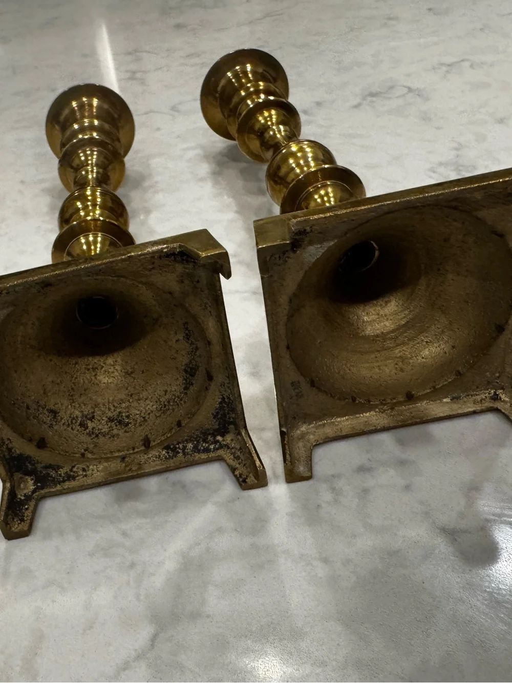 Vintage Brass Candlesticks Pair 8” Square Footed Bases Mid Century